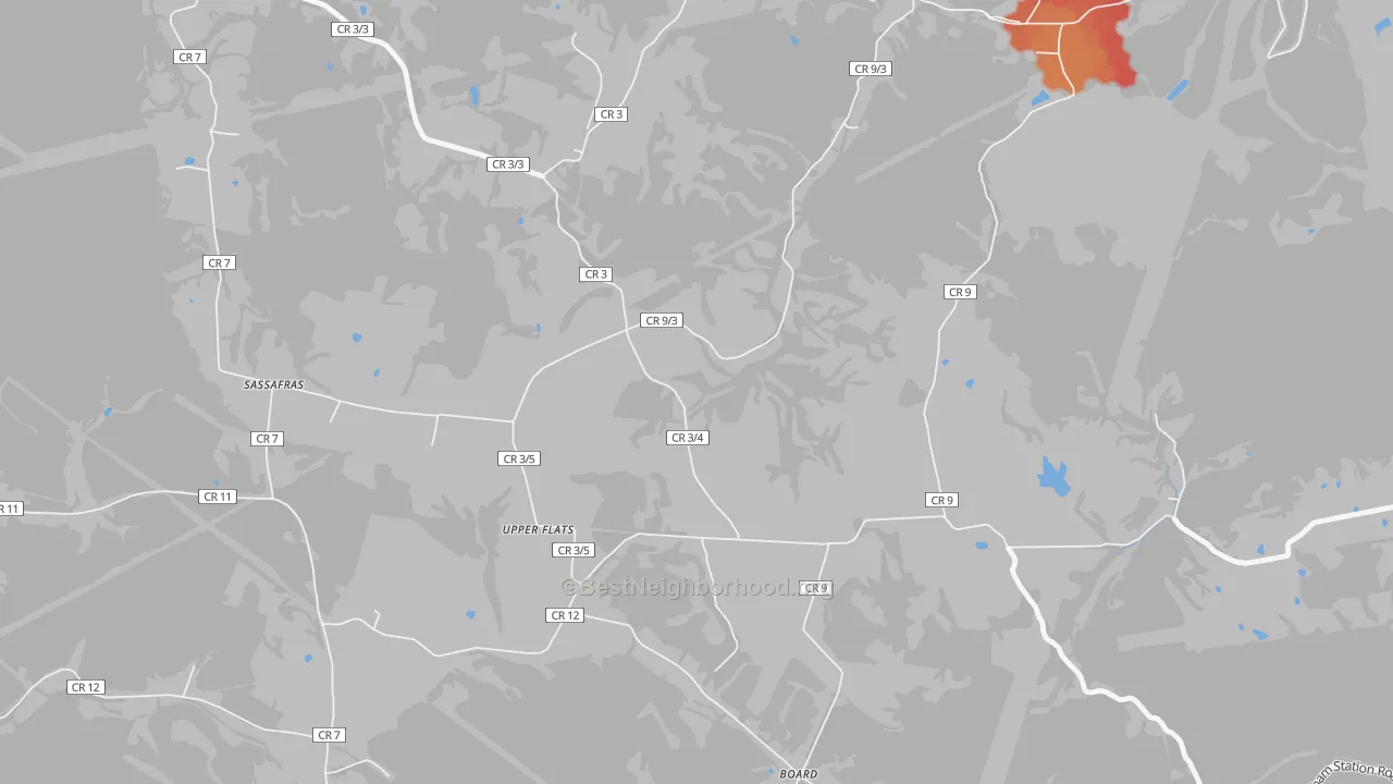 Walk Grade map of Upper Flats, WV, walkable areas in green and car-dependent areas in red