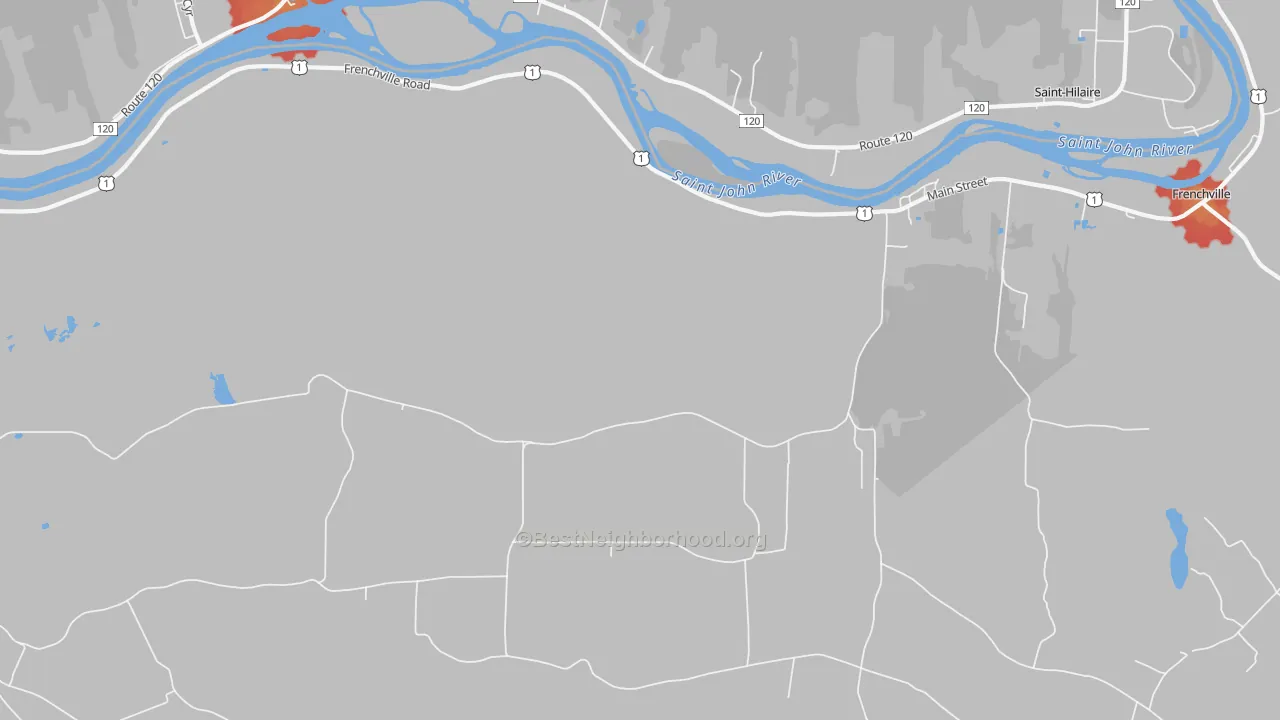 Walk Grade map of Upper Frenchville, ME, walkable areas in green and car-dependent areas in red