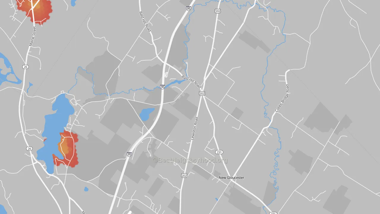 Walk Grade map of Upper Gloucester, ME, walkable areas in green and car-dependent areas in red