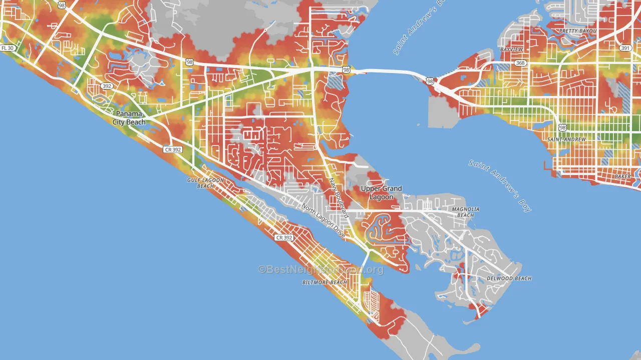 Walk Grade map of Upper Grand Lagoon, FL, walkable areas in green and car-dependent areas in red