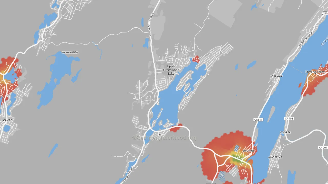 Walk Grade map of Upper Greenwood Lake, NJ, walkable areas in green and car-dependent areas in red
