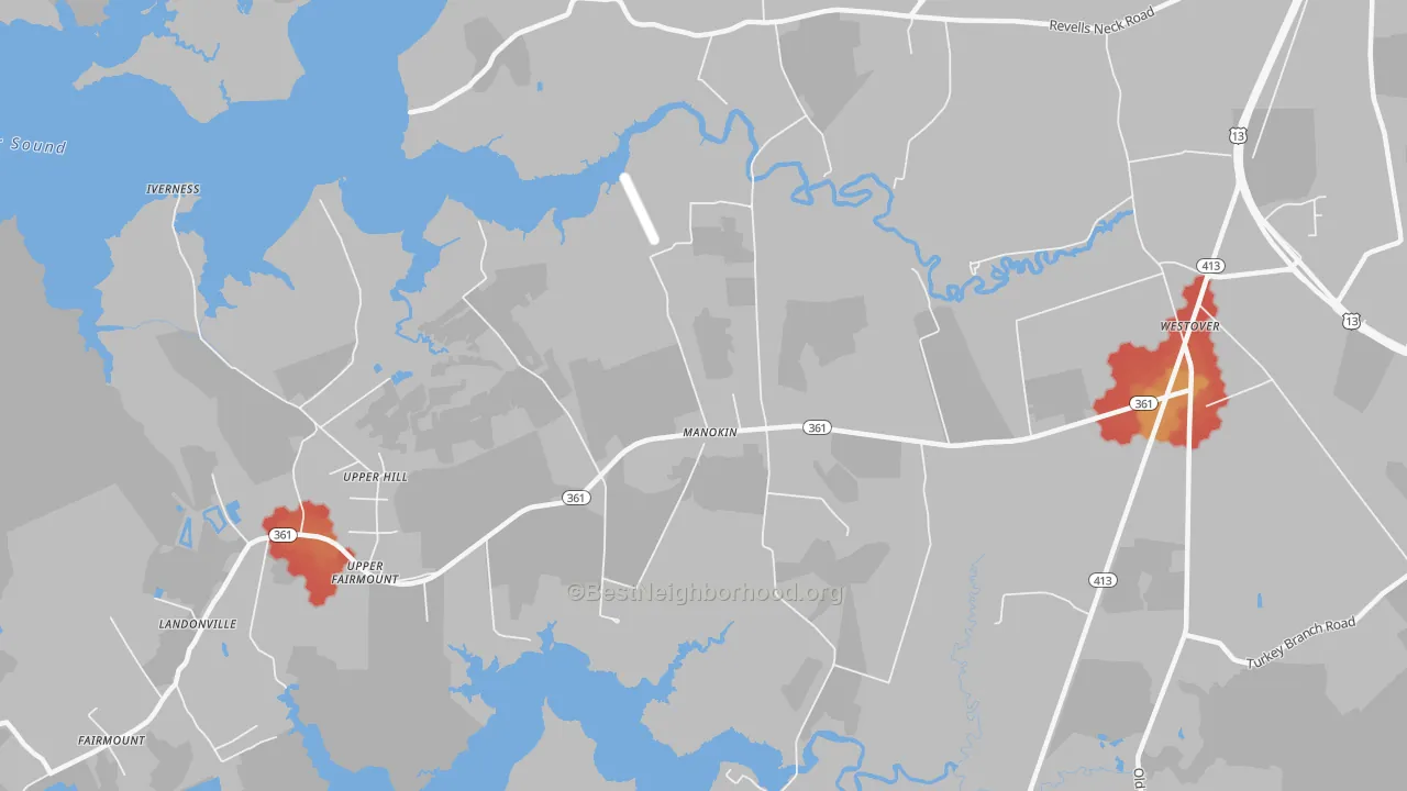 Walk Grade map of Upper Hill, MD, walkable areas in green and car-dependent areas in red