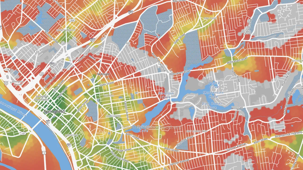 Walk Grade map of Upper Hill, Springfield, MA, walkable areas in green and car-dependent areas in red