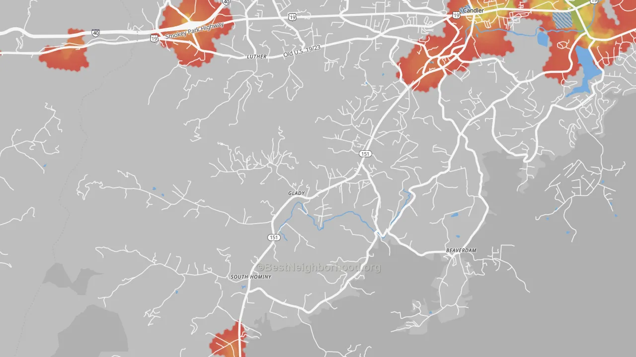 Walk Grade map of Upper Hominy, NC, walkable areas in green and car-dependent areas in red