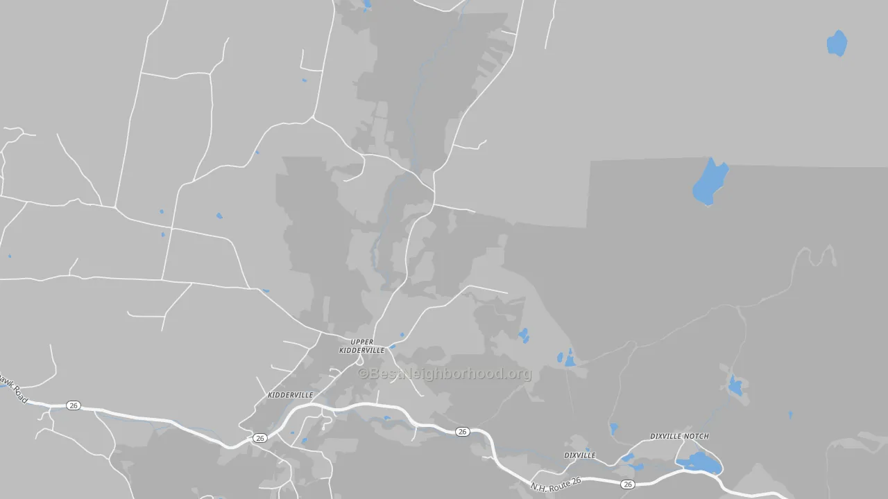 Walk Grade map of Upper Kidderville, NH, walkable areas in green and car-dependent areas in red