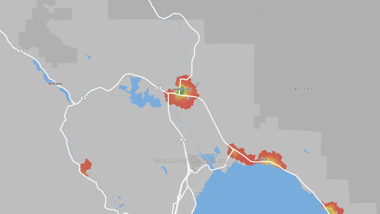 Walk Grade map of Upper Lake, CA, walkable areas in green and car-dependent areas in red