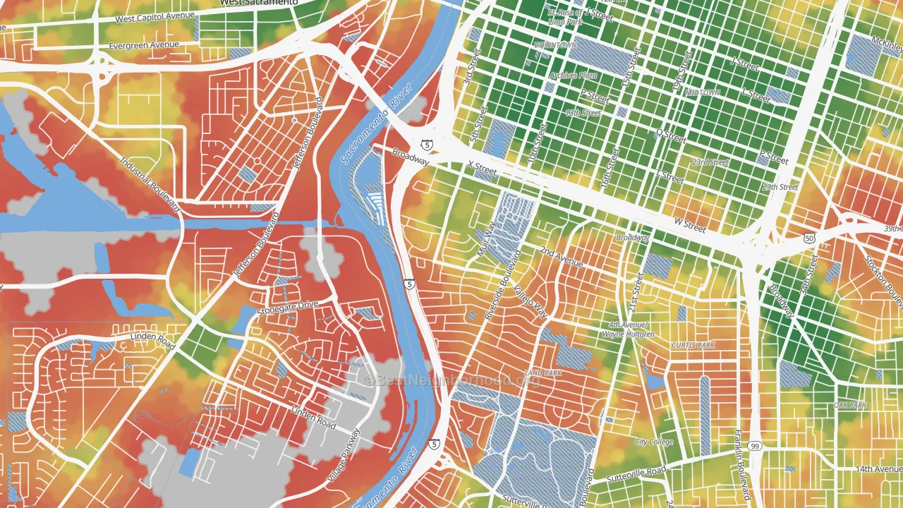 Walk Grade map of Upper Land Park, Sacramento, CA, walkable areas in green and car-dependent areas in red