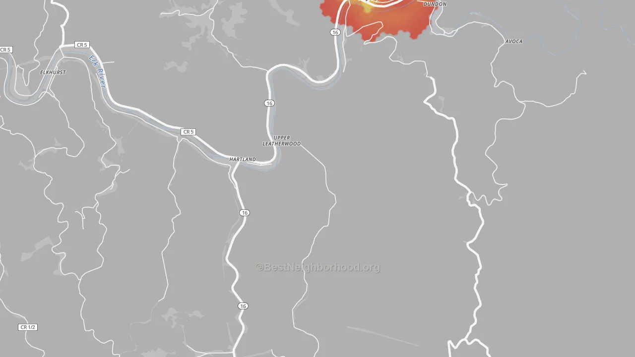 Walk Grade map of Upper Leatherwood, WV, walkable areas in green and car-dependent areas in red