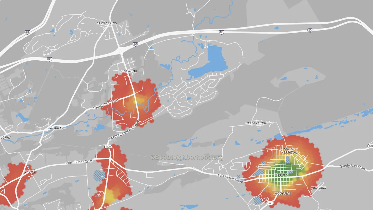 Walk Grade map of Upper Lehigh, PA, walkable areas in green and car-dependent areas in red