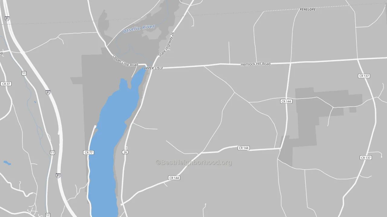 Walk Grade map of Upper Lisle, NY, walkable areas in green and car-dependent areas in red