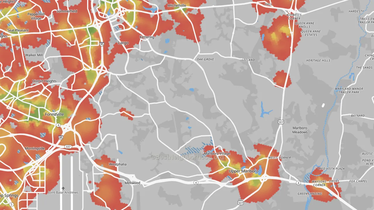 Walk Grade map of Upper Marlboro, MD, walkable areas in green and car-dependent areas in red