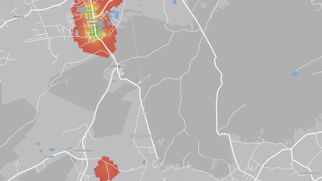Walk Grade map of Upper Mill, PA, walkable areas in green and car-dependent areas in red