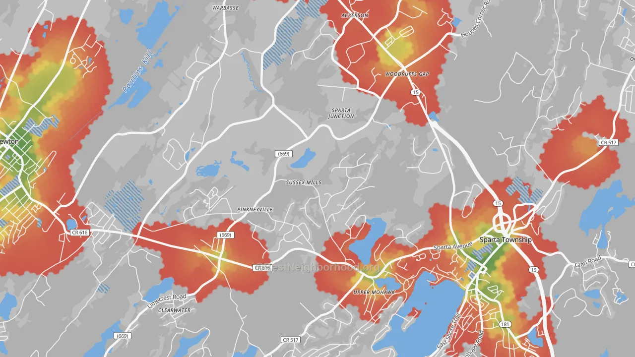 Walk Grade map of Upper Mohawk, NJ, walkable areas in green and car-dependent areas in red