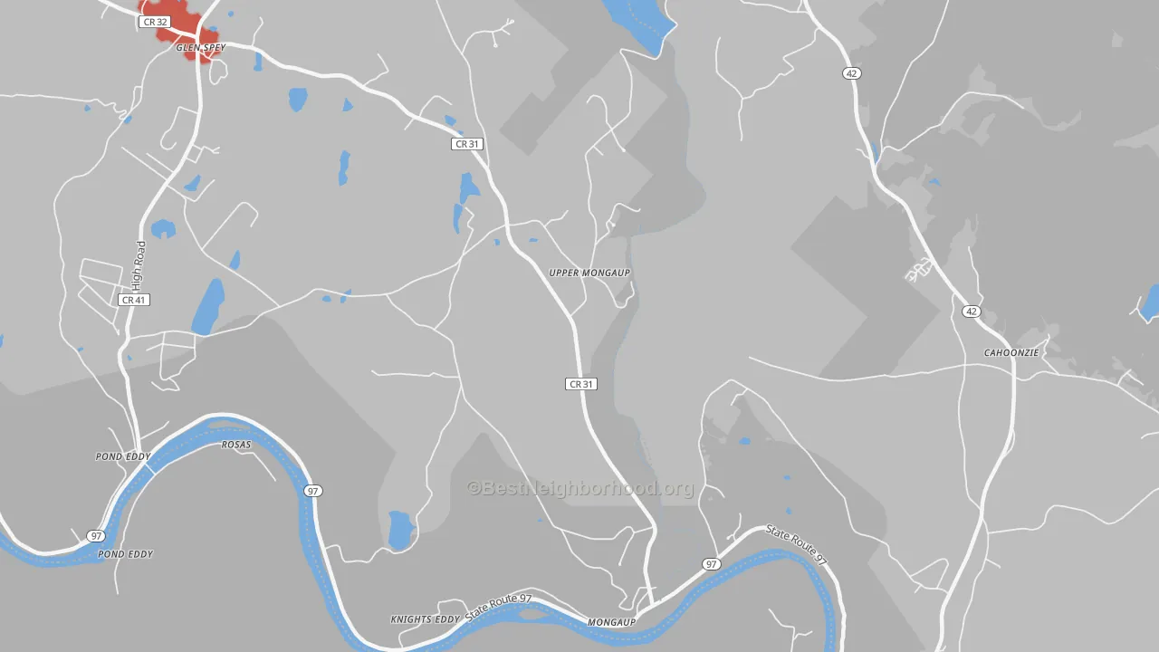 Walk Grade map of Upper Mongaup, NY, walkable areas in green and car-dependent areas in red
