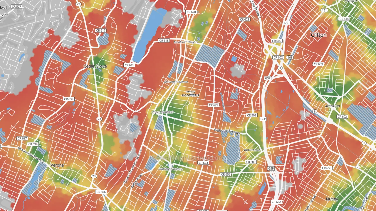 Walk Grade map of Upper Montclair, NJ, walkable areas in green and car-dependent areas in red