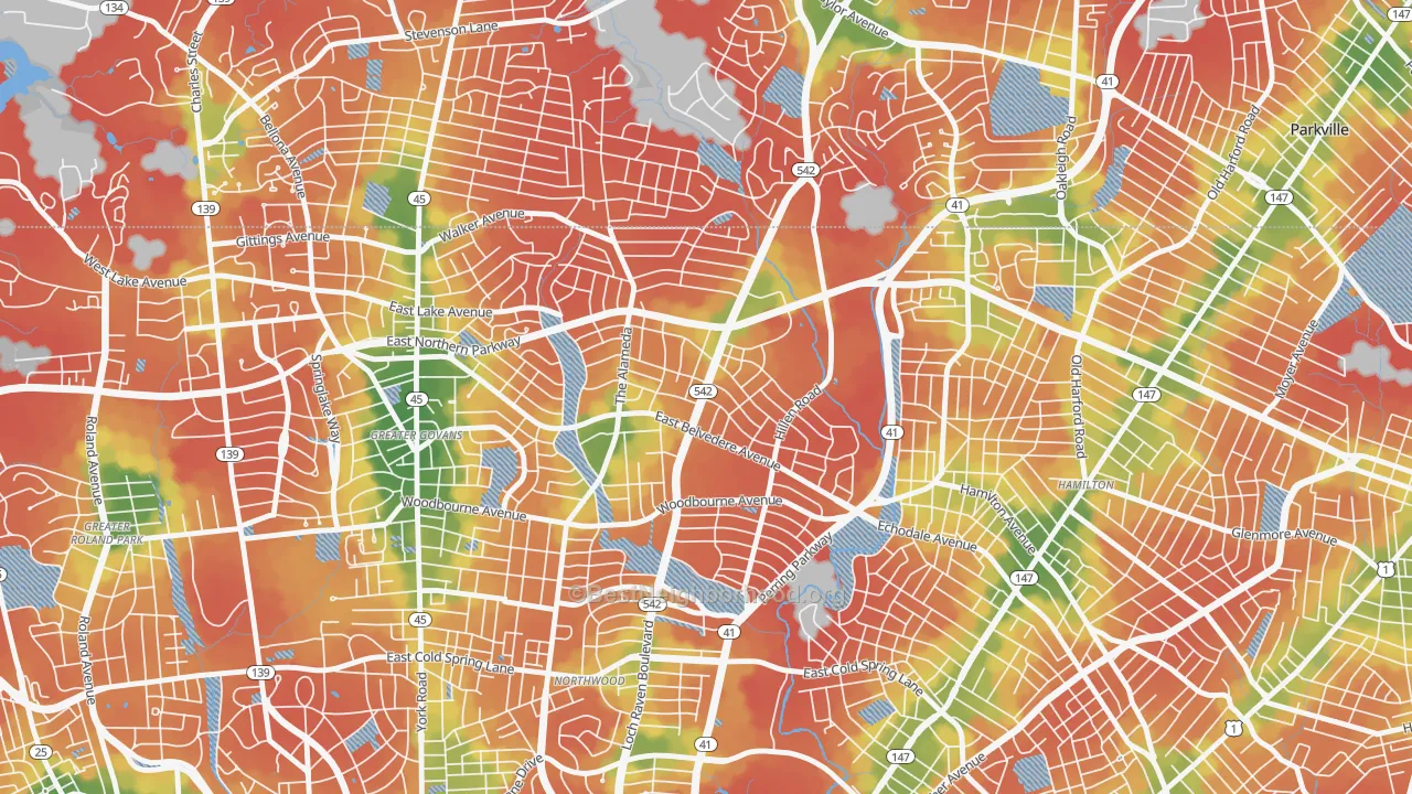 Walk Grade map of Upper Northwood, Baltimore, MD, walkable areas in green and car-dependent areas in red