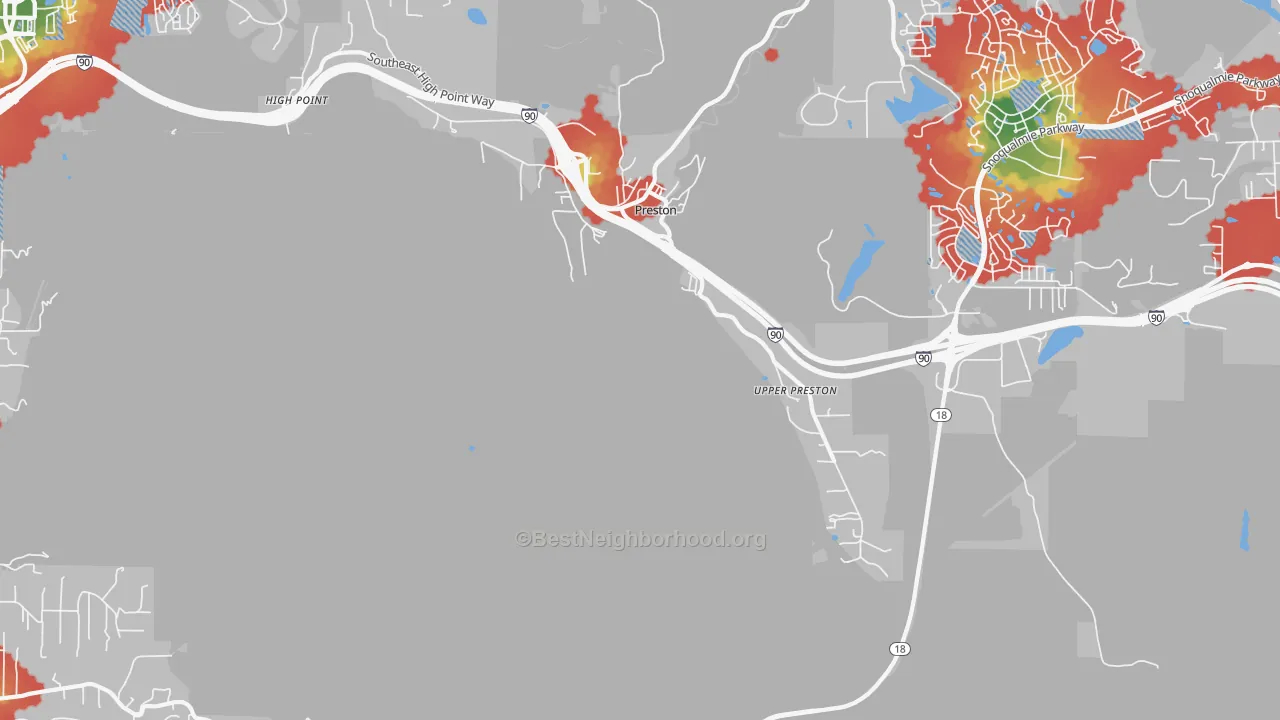 Walk Grade map of Upper Preston, WA, walkable areas in green and car-dependent areas in red