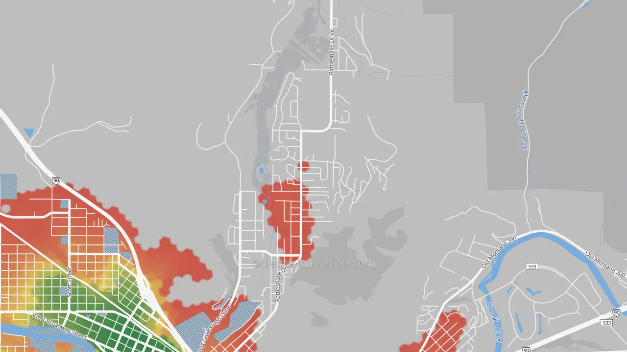 Walk Grade map of Upper Rattlesnake, Missoula, MT, walkable areas in green and car-dependent areas in red