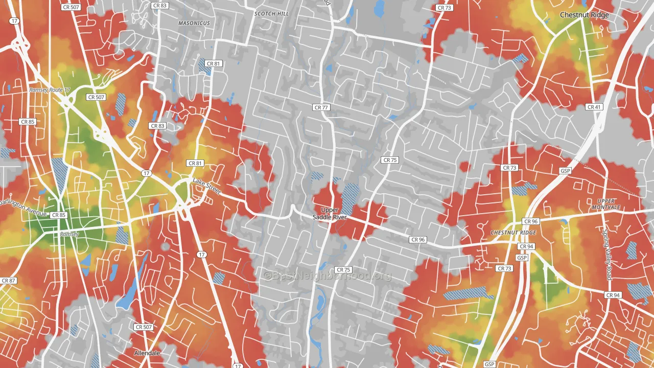 Walk Grade map of Upper Saddle River, NJ, walkable areas in green and car-dependent areas in red