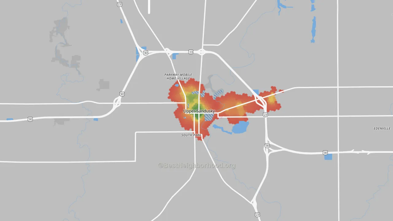 Walk Grade map of Upper Sandusky, OH, walkable areas in green and car-dependent areas in red