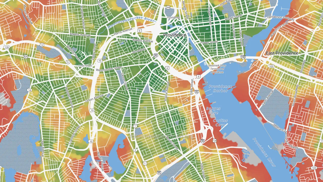 Walk Grade map of Upper South Providence, Providence, RI, walkable areas in green and car-dependent areas in red