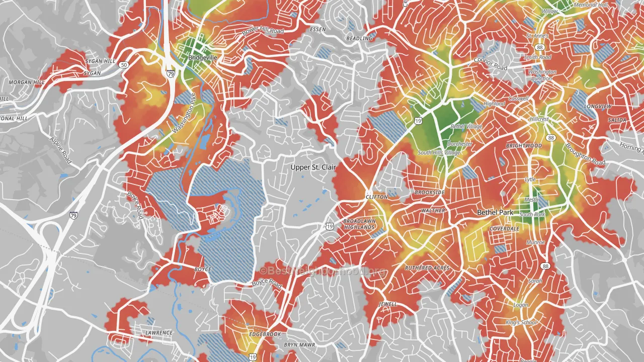 Walk Grade map of Upper St. Clair, PA, walkable areas in green and car-dependent areas in red