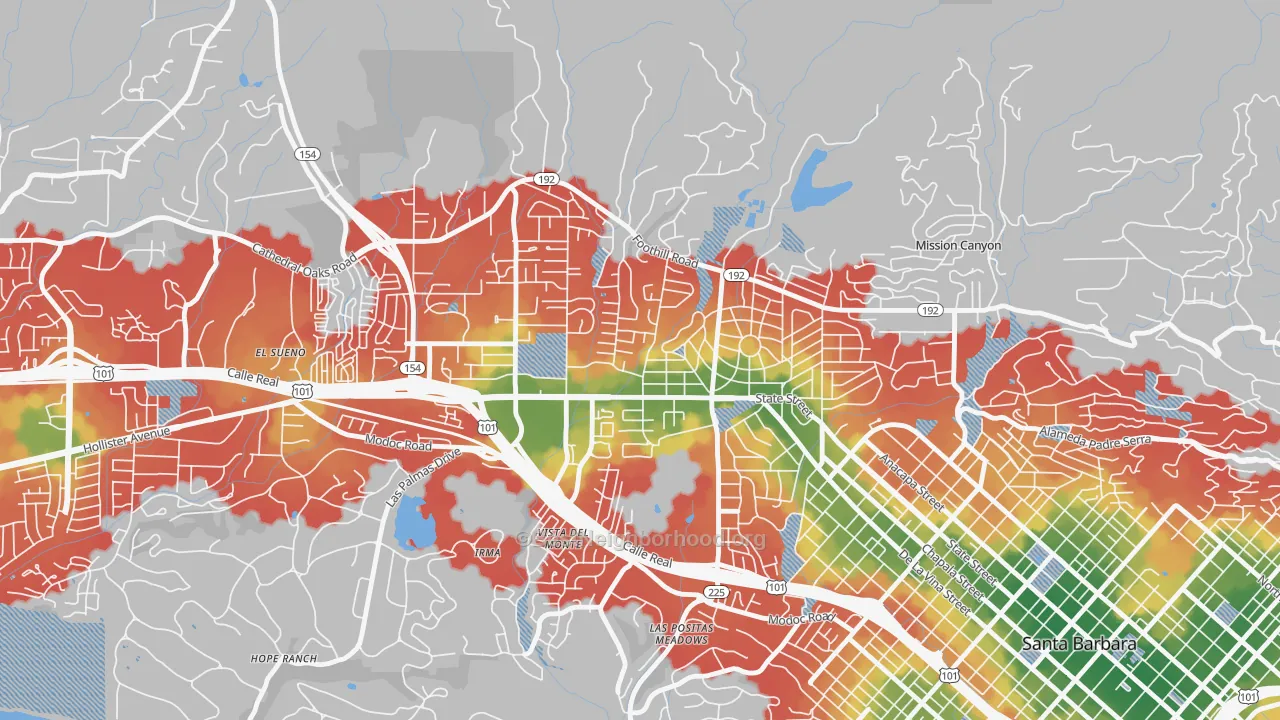 Walk Grade map of Upper State, Santa Barbara, CA, walkable areas in green and car-dependent areas in red