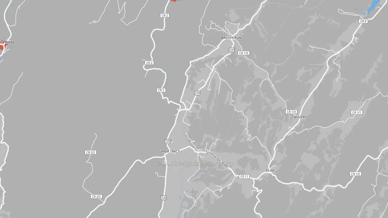 Walk Grade map of Upper Tract, WV, walkable areas in green and car-dependent areas in red