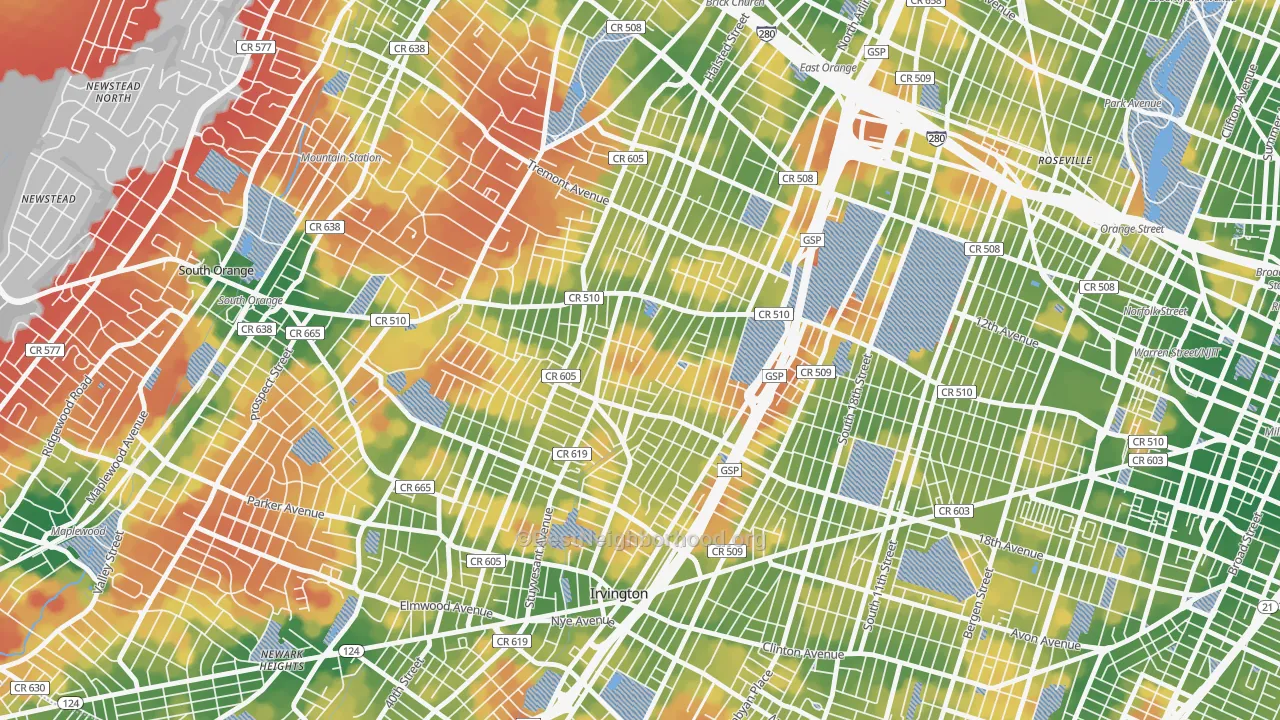 Walk Grade map of Upper Vailsburg, Newark, NJ, walkable areas in green and car-dependent areas in red