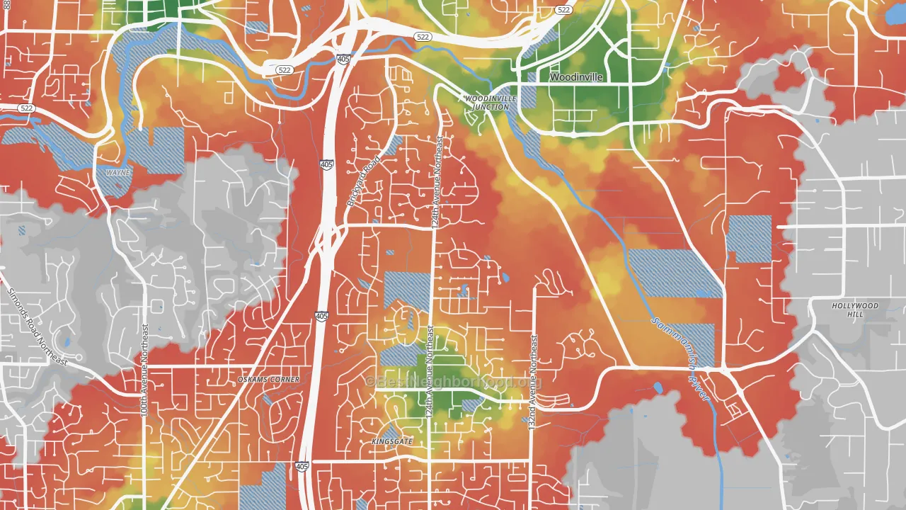 Walk Grade map of Upper West Ridge, Woodinville, WA, walkable areas in green and car-dependent areas in red