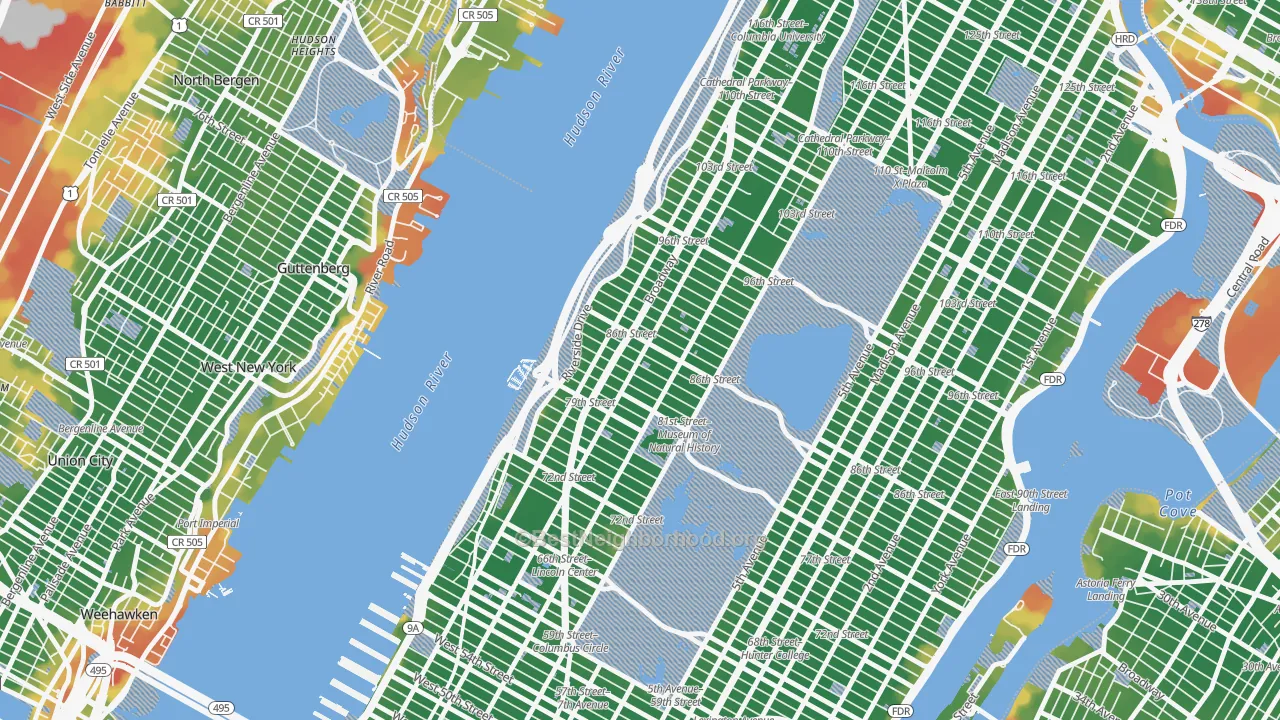 Walk Grade map of Upper West Side, Manhattan, NY, walkable areas in green and car-dependent areas in red