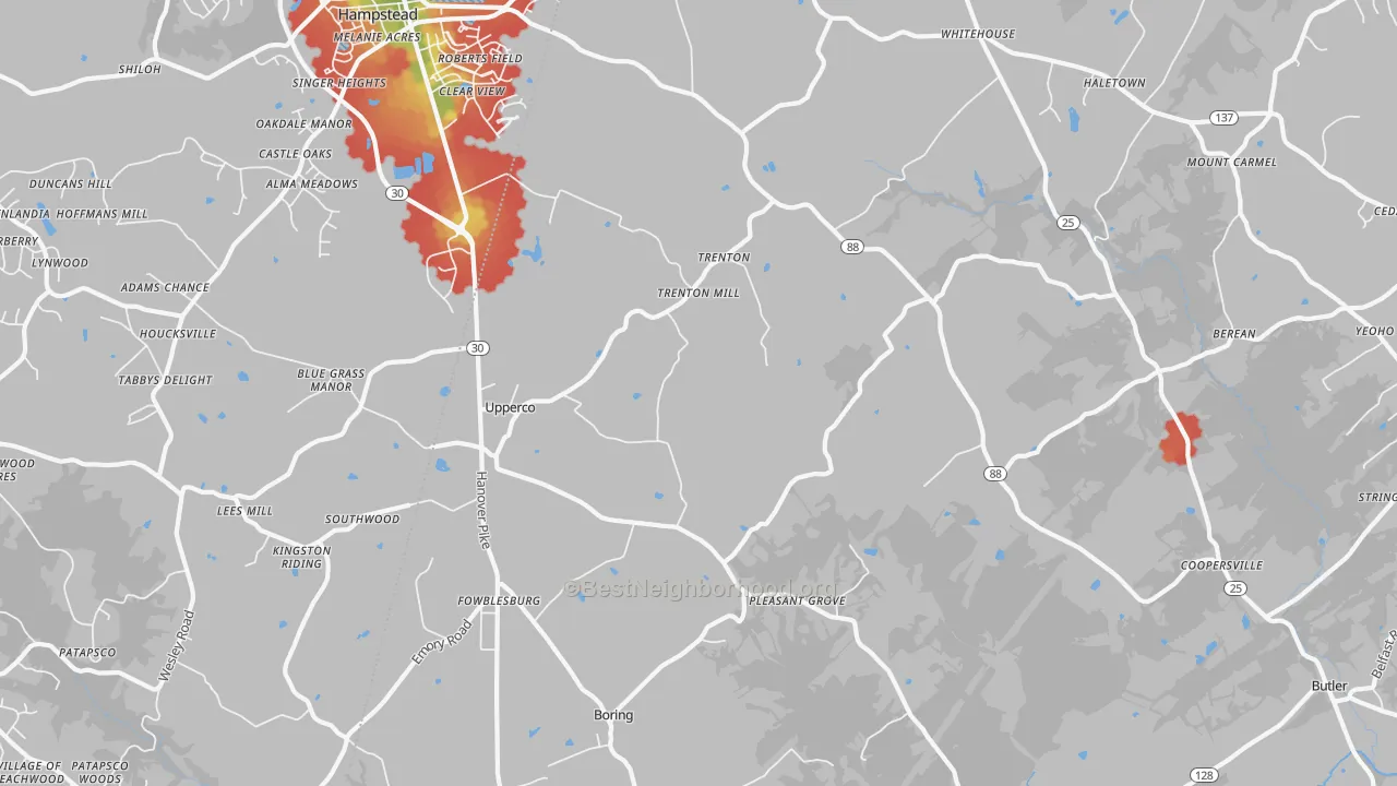 Walk Grade map of Upperco, MD, walkable areas in green and car-dependent areas in red