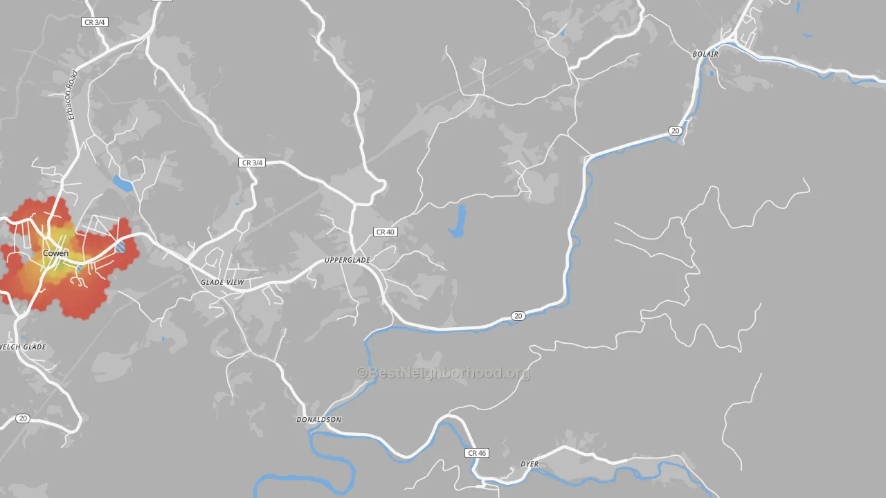 Walk Grade map of Upperglade, WV, walkable areas in green and car-dependent areas in red