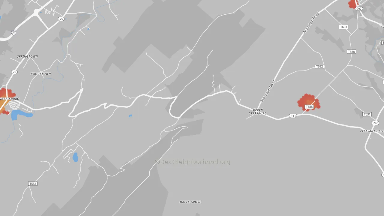 Walk Grade map of Upperstrasburg, PA, walkable areas in green and car-dependent areas in red