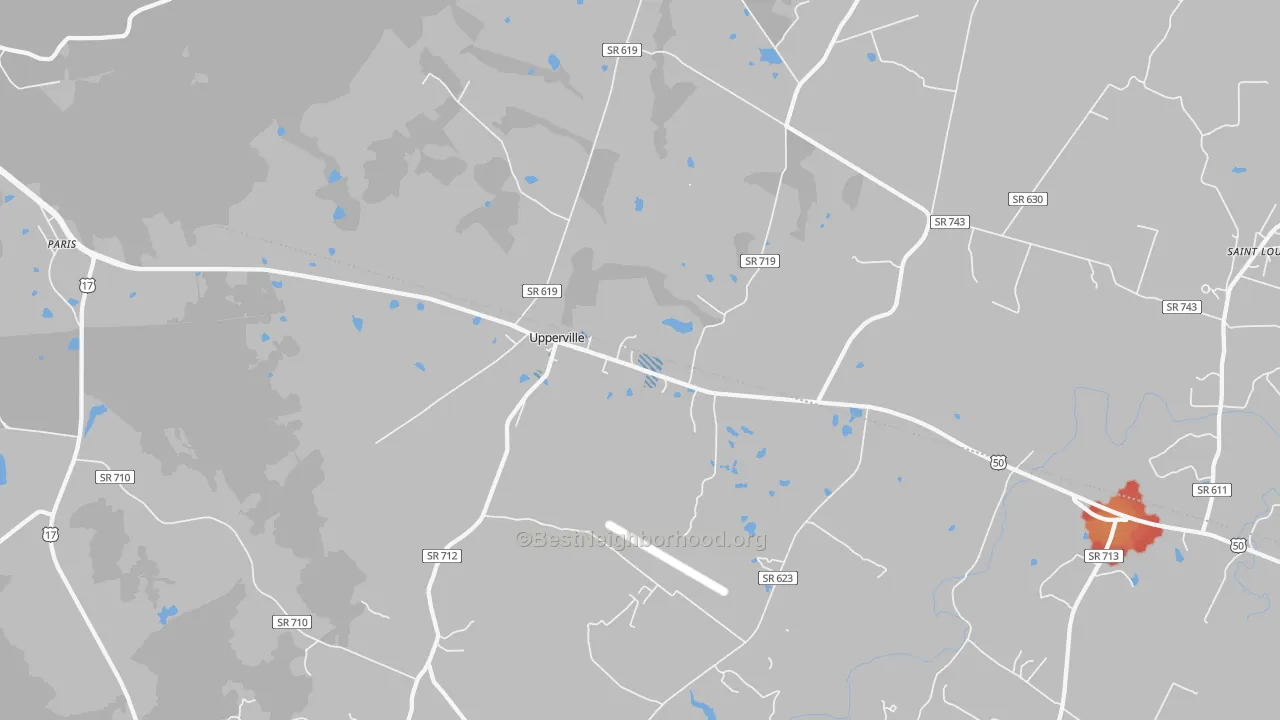 Walk Grade map of Upperville, VA, walkable areas in green and car-dependent areas in red