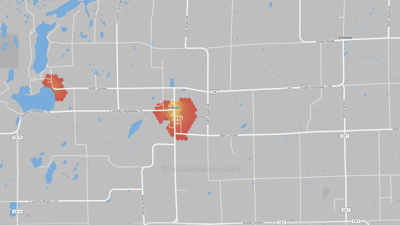 Walk Grade map of Upsala, MN, walkable areas in green and car-dependent areas in red