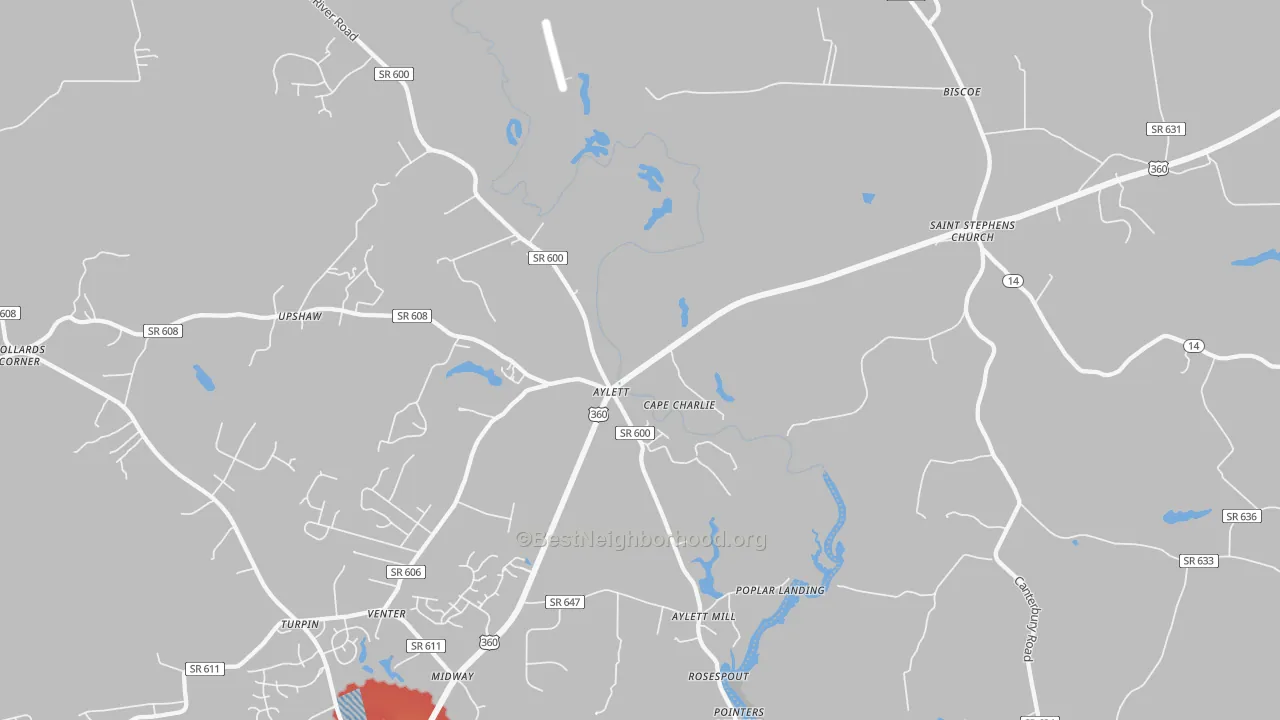 Walk Grade map of Upshaw, VA, walkable areas in green and car-dependent areas in red