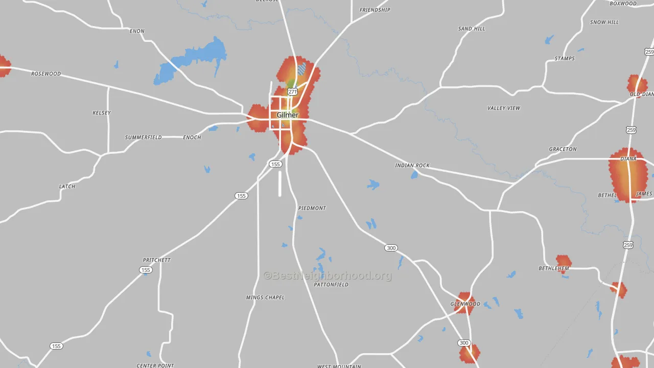 Walk Grade map of Upshur County, TX, walkable areas in green and car-dependent areas in red