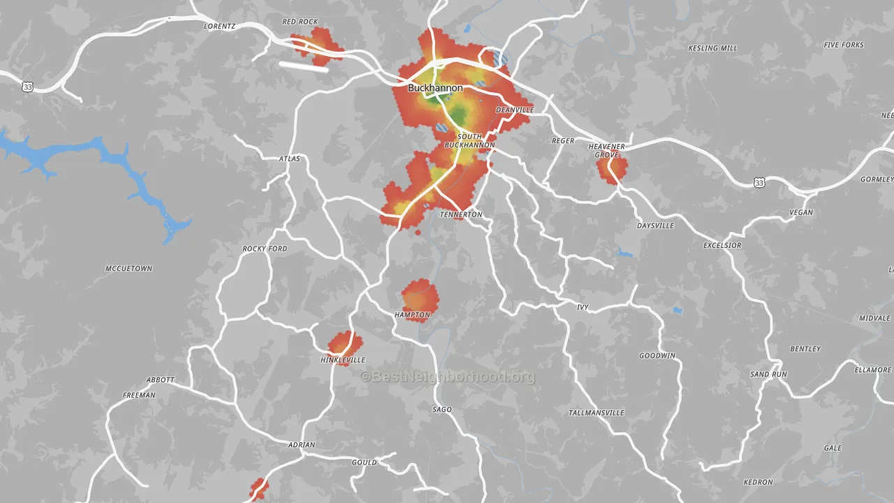 Walk Grade map of Upshur County, WV, walkable areas in green and car-dependent areas in red