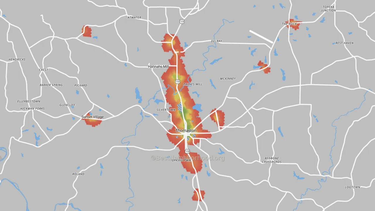 Walk Grade map of Upson County, GA, walkable areas in green and car-dependent areas in red