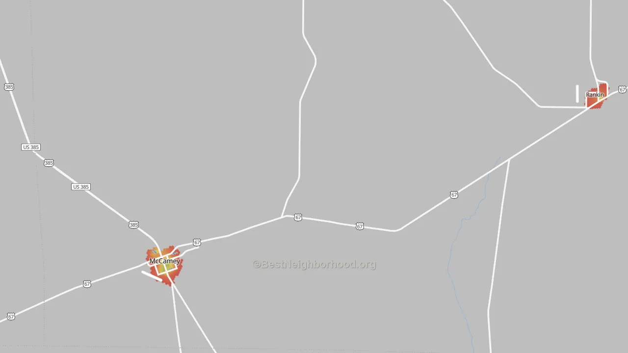 Walk Grade map of Upton County, TX, walkable areas in green and car-dependent areas in red