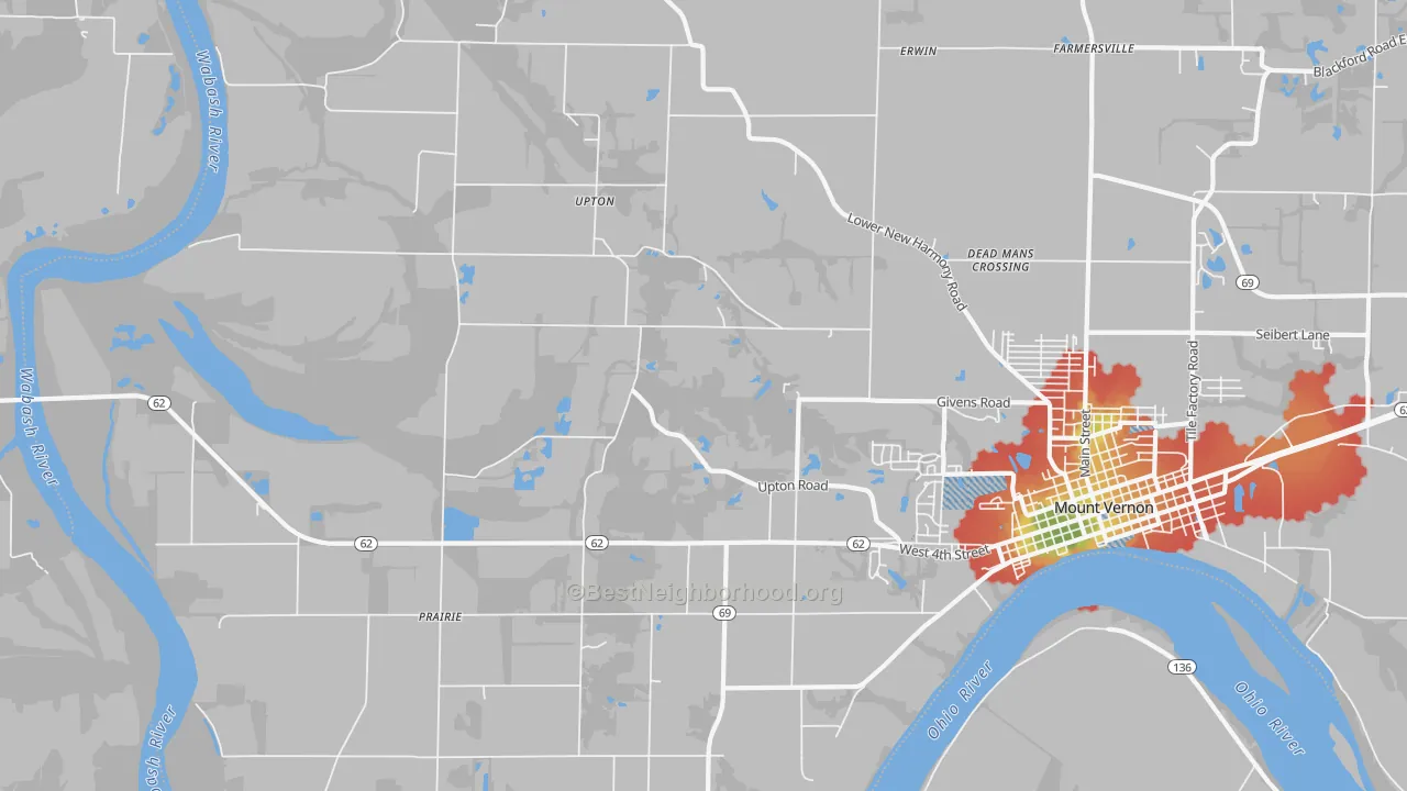 Walk Grade map of Upton, IN, walkable areas in green and car-dependent areas in red
