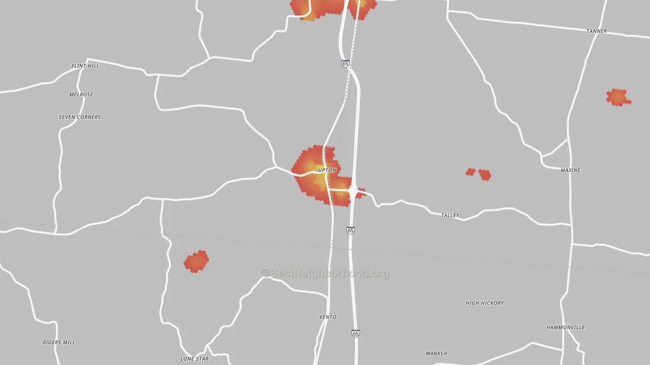 Walk Grade map of Upton, KY, walkable areas in green and car-dependent areas in red