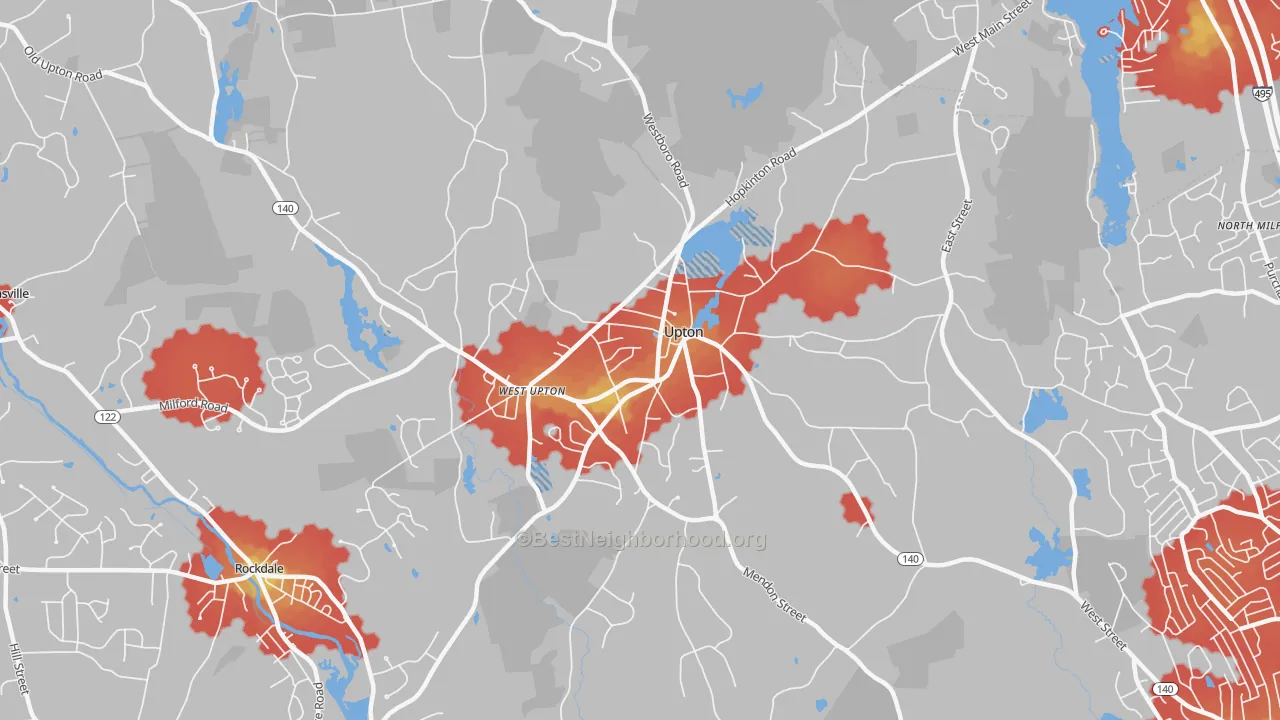 Walk Grade map of Upton, MA, walkable areas in green and car-dependent areas in red