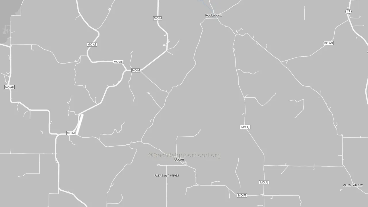 Walk Grade map of Upton, MO, walkable areas in green and car-dependent areas in red