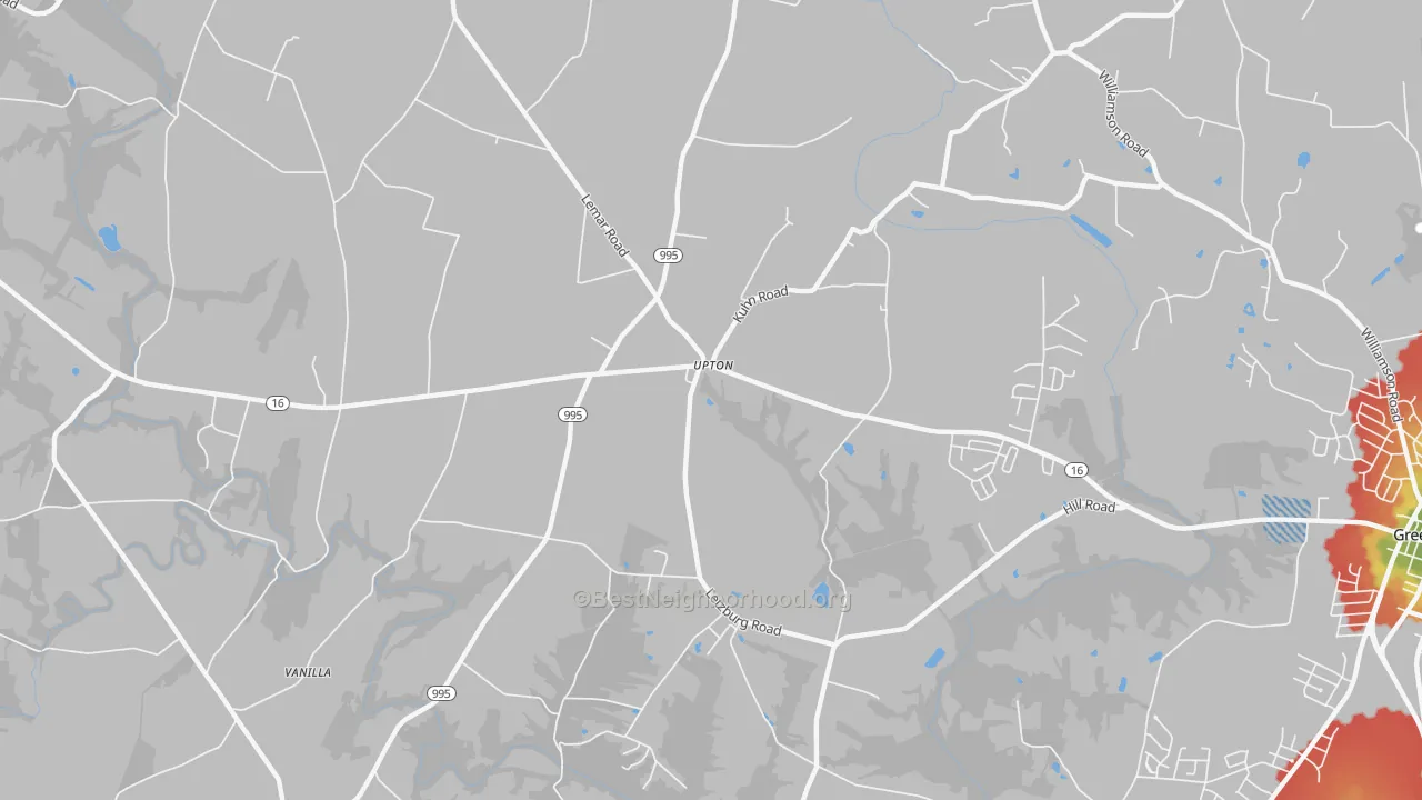 Walk Grade map of Upton, PA, walkable areas in green and car-dependent areas in red