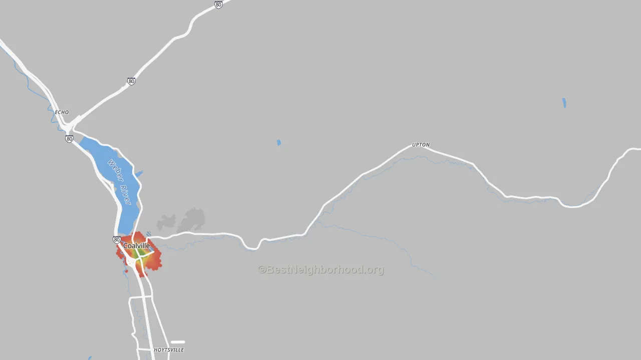 Walk Grade map of Upton, UT, walkable areas in green and car-dependent areas in red