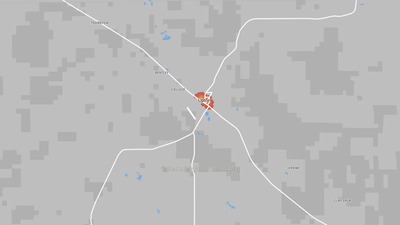 Walk Grade map of Upton, WY, walkable areas in green and car-dependent areas in red