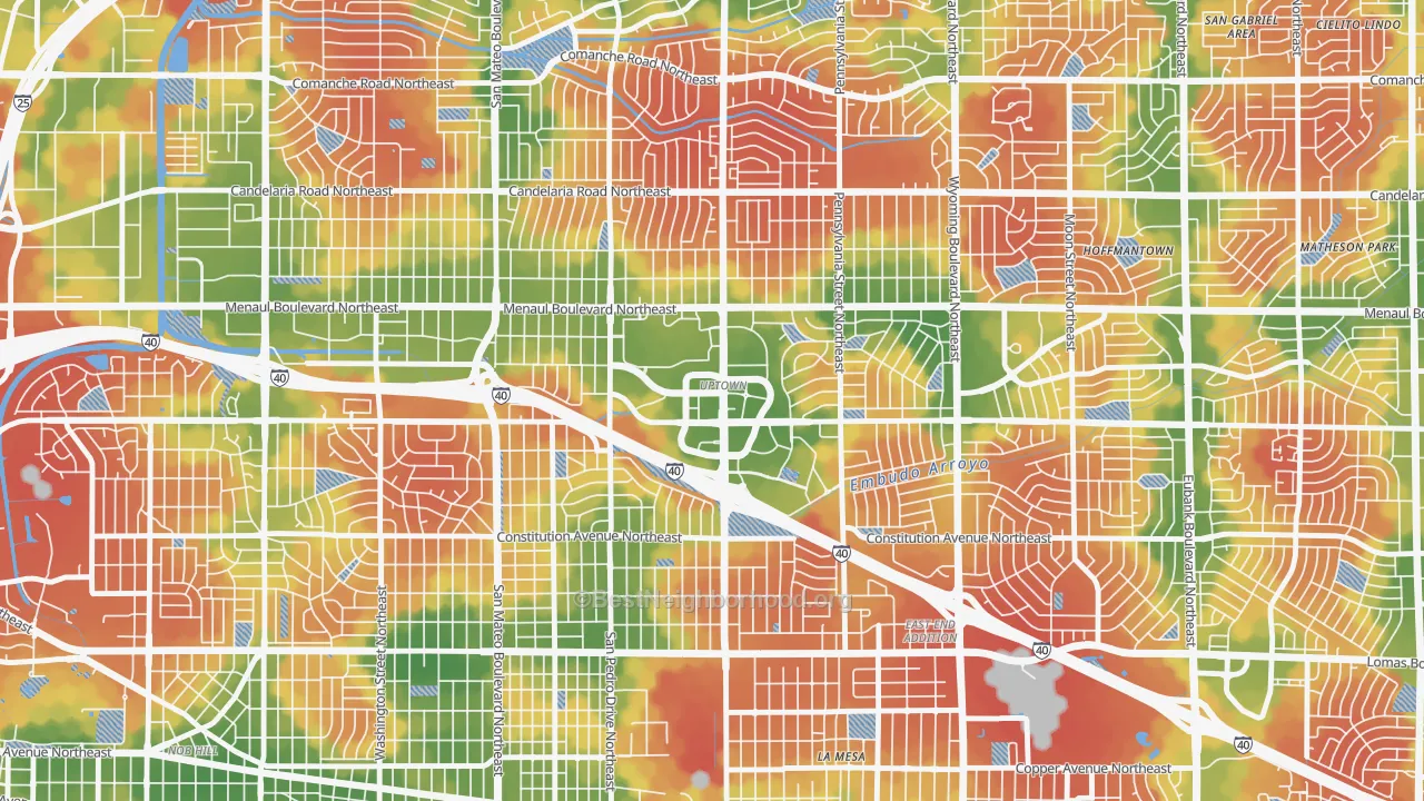 Walk Grade map of Uptown, Albuquerque, NM, walkable areas in green and car-dependent areas in red