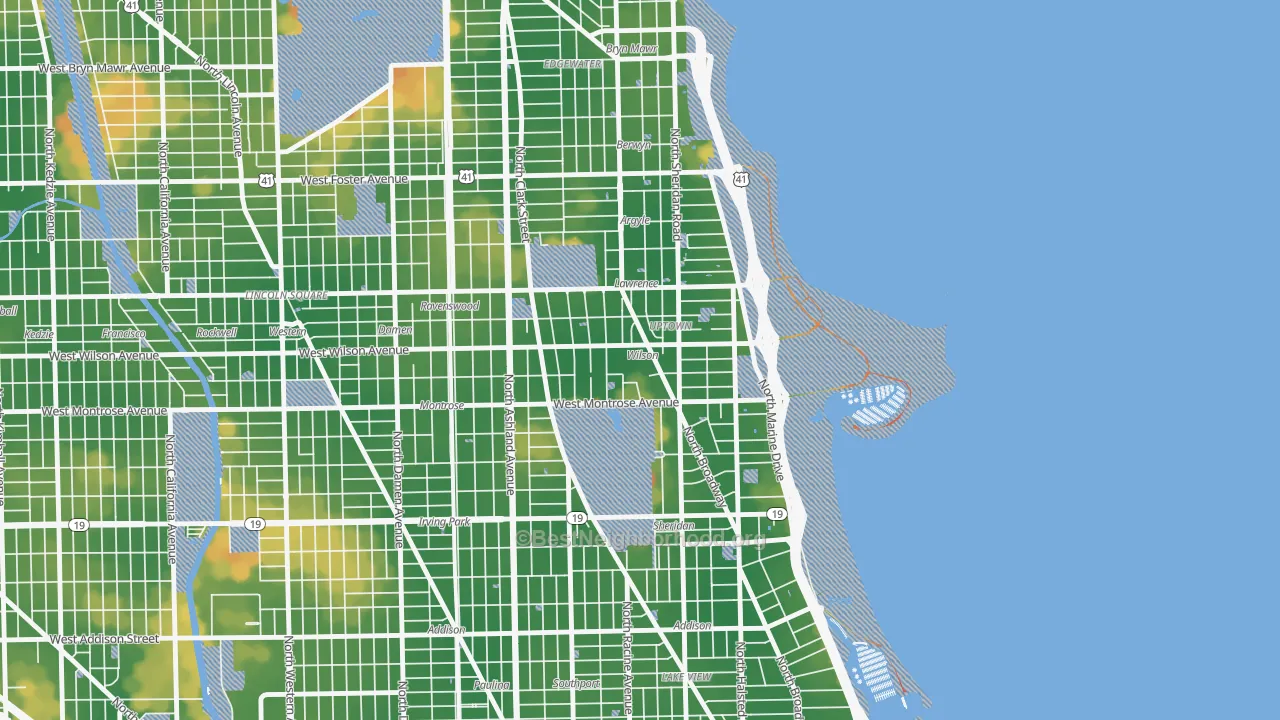 Walk Grade map of Uptown, Chicago, IL, walkable areas in green and car-dependent areas in red